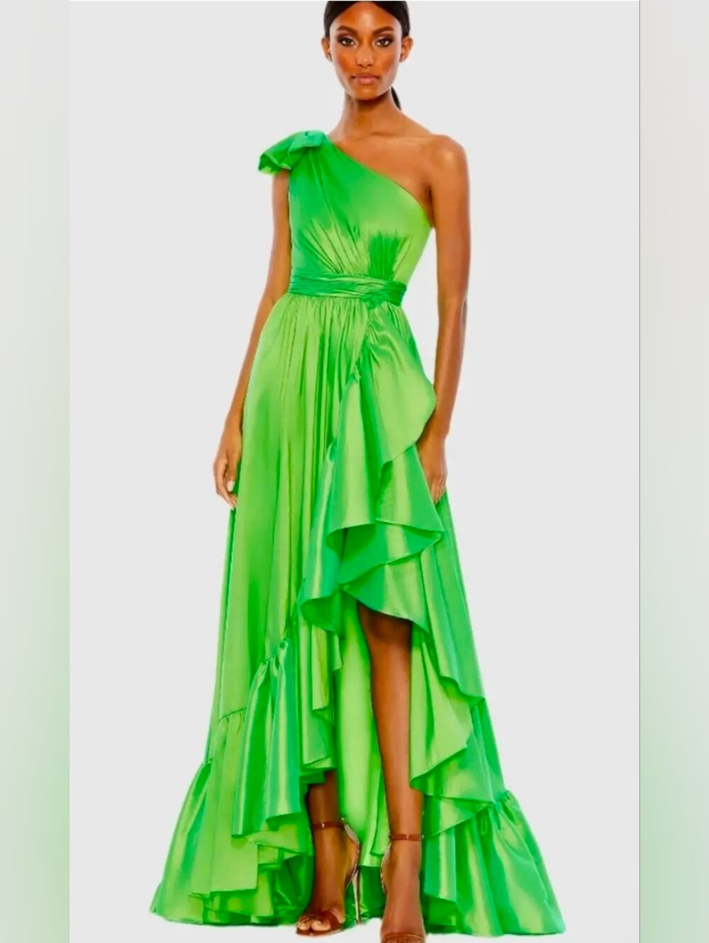 Beautiful One-Shoulder Ruffled Green Maxi Dress